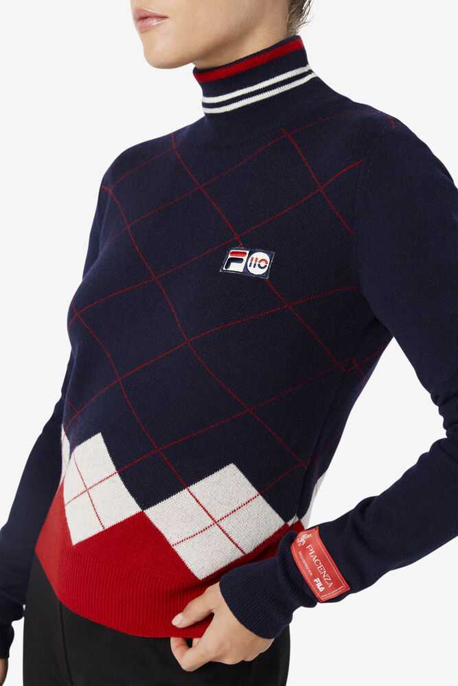 FILA Argyle Ženske Puloverji Temno Modre Bele Rdeče | Slovenija-409876